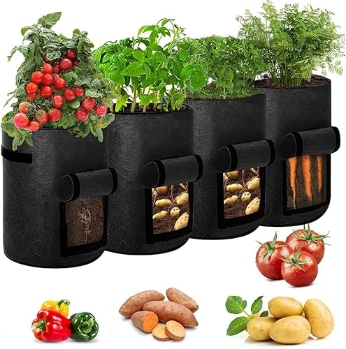 Labstandard Kartoffel Pflanzsack 10 Gallonen 45L Kartoffeln 4 Stück Kartoffelsack zum Pflanzen Tomaten Pflanzsäcke für Kartoffeln Gemüse Garten Außenbehälter mit Griffen Erntefenster (Schwarz) von Labstandard