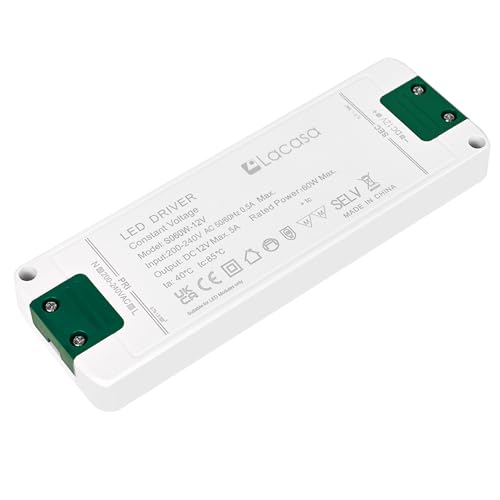 Lacasa 12V 5A LED Trafo Transformator, 1-60W Netzteil Treiber 230V auf 12V, Kein Flimmern Konstante Spannung Niedervolttrafo Adapter für Streifen, MR16 GU5.3 MR11 G4 Lampen Halogen von Lacasa
