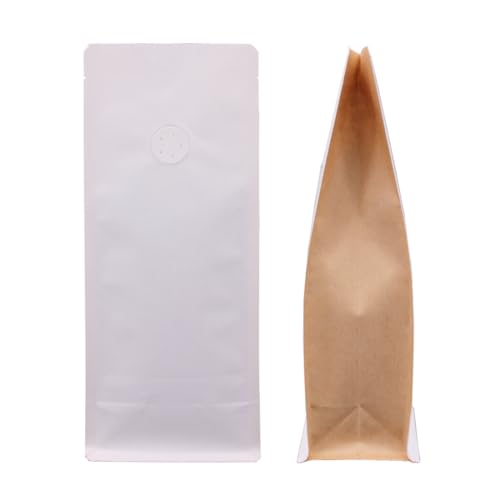 Lacers Flachbodenbeutel aus Kraftpapier mit Aromaschutzventil, Aluminium-Frei, Hohe Barriere-Eigenschaft, verschieden Größen und Farben, Personalisierbar (500ml, Weiss-Braun, 100) von Lacers