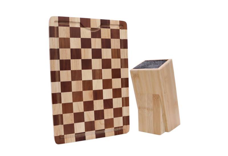 Lacers Schneidebrett Bundle-Gummibaumholz Schneidebrett & Messerblock aus Bambus, (2-St), mit Saftrille, Schachmuster, offenes Borsten-Design von Lacers