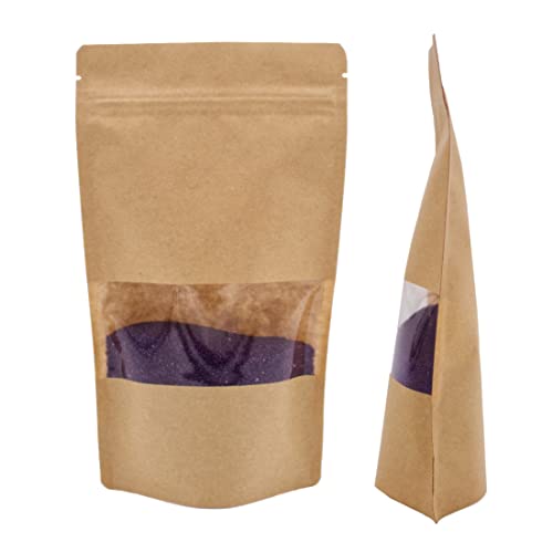 Lacers Standbodenbeutel aus Kraftpapier mit SICHTFENSTER in versch. Farben, Nachhaltig, ALU-Frei, Druckverschluss, UV Schutz, hohe Barriere-Eigenschaft teetüten (100, Braun, 100ml) von Lacers