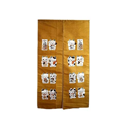 Lachineuse - Noren Japanische Katze Maneki Neko – japanischer Vorhang Katze Nie – Dekoration für Tür & Wände – Wandteppich – 84 x 144 cm – traditionelles Japanisches Bild – Farbe Gelb & Gold von lachineuse