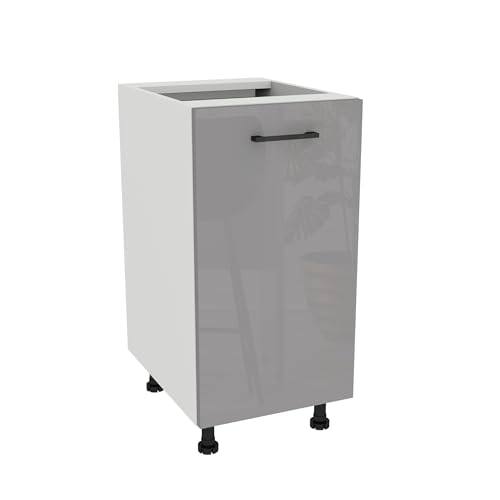 Laclar Capri Unterschrank Küchenschrank 40x82x48,5 cm Grau-Acryl Hochglanz/Weiß - Einzeltürig mit Einlegeboden - Soft-Close-Scharniere - 128 mm Griff - höhenverstellbare Füße - Selbstmontage von Laclar