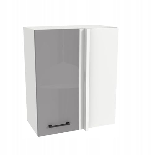 Laclar Eck-Hängeschrank Küche Capri 65x32x72 cm - Küchen Hängeschrank mit Soft-Close Tür - 2 Einlegeböden & Stauraum - Wandschrank zur Selbstmontage - modernes Design - Grau-Acryl Hochglanz/Weiß von Laclar