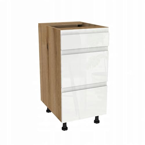 Laclar FREZO Küchen-Unterschrank mit Schubladen - Grifflos - Soft-Close - Hochglanz - Elegante & funktionale Lösung für Ihre Küche - 40x48,5x72 cm - Eiche Evoke Front grifflos Weiß Glanz von Laclar