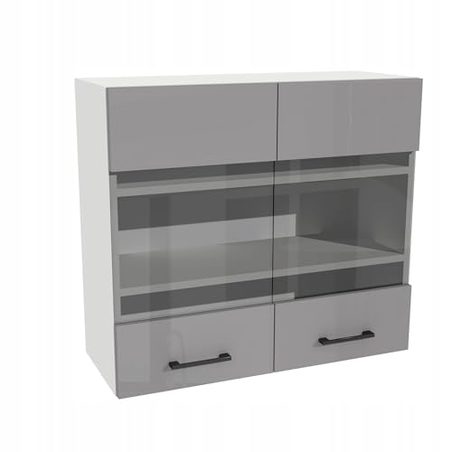 Laclar Hängeschrank Vitrine Küche Capri 80x32x72 cm - Oberschrank mit Soft-Close Türen & 2 Einlegeböden - Moderner Küchen Wandschrank - zur Selbstmontage - Grau-Acryl Hochglanz/Weiß von Laclar