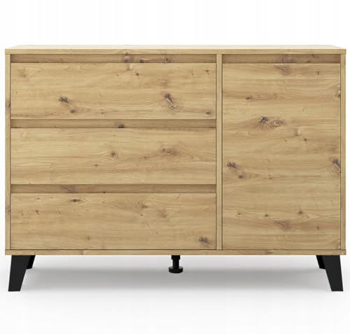 Laclar Kommode 110x78x39 cm mit 3 Schubladen und Tür - laminiert - Türen Links oder rechts montierbar - einfach zu montieren - Eiche Artisan von Laclar