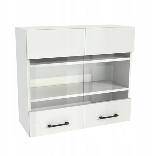 Laclar Küchenoberschrank Hängeschrank Capri 80x72x32 cm - mit Soft-Close Türen und Regalböden - moderner Wandküchenschrank - Vitrine - Aufbewahrung Küche - Weiß Acryl Hochglanz/Weiß von Laclar