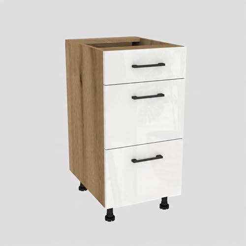 Laclar Küchenschrank 40x82x48,5 cm - Unterschrank Capri - Super-Slim Schubladen - Soft-Close - mit 3 Schubladen - Moderne Küchenmöbel - Eiche Evoke, weißes Acryl von Laclar