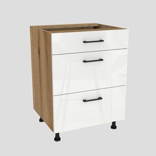 Laclar Küchenschrank 60x82x48,5 cm - Unterschrank Capri - Super-Slim Schubladen - Soft-Close HAFELE Favorit Q2 - Moderne Küchenmöbel - Eiche Evoke, weißes Acryl von Laclar