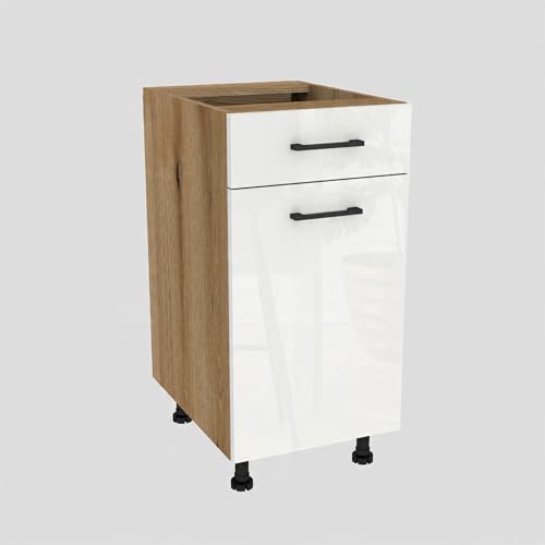 Laclar Küchenschrank Capri 40x82x48,5 cm - Unterschrank mit 1 Schublade - Soft-Close HAFELE Favorit Q2 - Moderne Küchenmöbel - Eiche Evoke, weißes Acryl Hochglanz von Laclar