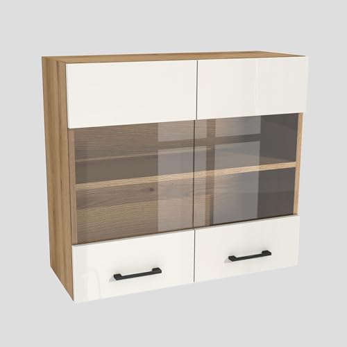 Laclar Küchenschrank Hängeschrank 80x72x32 cm - mit Vitrinentüren - Wandschrank - Soft-Close & Einlegeböden - Eiche Evoke, weißes Acryl Hochglanz Laclar Küchenschrank Hängeschrank 80x72x32 cm - mit Vitrinentüren - Wandschrank - Soft-Close & Einlegeböden - Eiche Evoke, weißes Acryl Hochglanz von Laclar