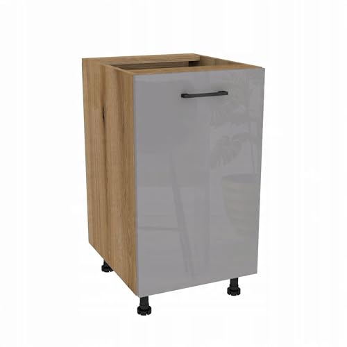 Laclar Küchenunterschrank Capri 45x48.5x82 cm - Eiche Evoke Korpus - Grau Hochglanz Acrylfront - 1-türiger Unterschrank mit Einlegeboden & Soft-Close von Laclar