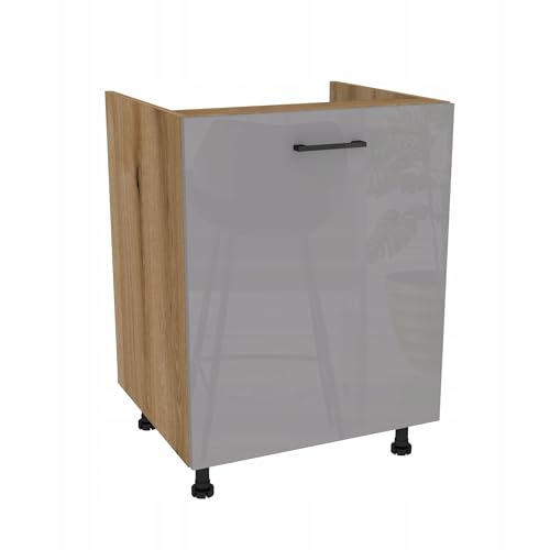 Laclar Küchenunterschrank Capri 60x48.5x82 cm - Eiche Evoke Korpus - Grau Hochglanz Acrylfront - Spülenunterschrank mit 1 Tür & Soft-Close - Modernes Design von Laclar
