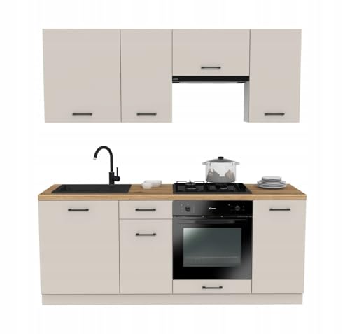 Laclar Küchenzeile 200 cm - Modulare Möbel für die Küche - inklusive Montagezubehör - mit Soft-Close-System - ohne Spülbecken Geräte - Capri Kaschmir - Küchenarbeitsplatte Evoke Oak von Laclar