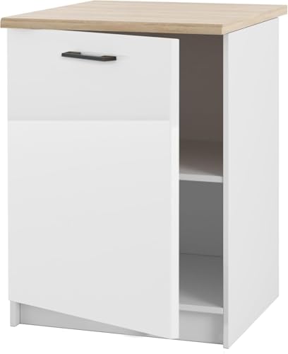 Laclar Unterer Küchenschrank 60 cm mit Arbeitsplatte – Hochwertiger MDF-Front - universell mit Links- oder Rechtsmontage - inklusive Aller Montagematerialien - Weißes Acryl mit Hochglanz von Laclar