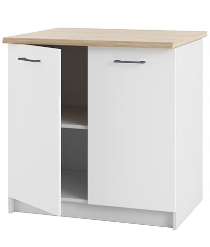 Unterschrank Küche 80 cm mit Arbeitsplatte - freistehend - robust und funktional - mit zwei Türen - aus langlebiger Möbelplatte -inklusive Arbeitsplatte Eiche Sonoma - einfache Montage von Laclar