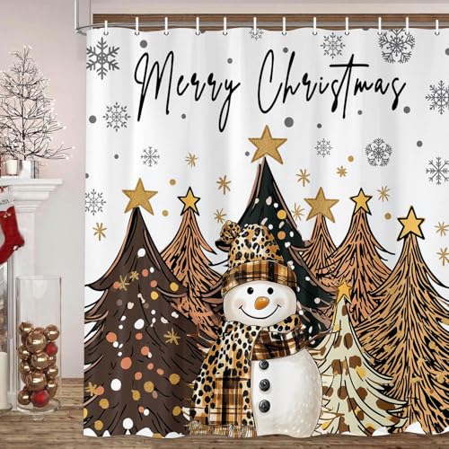 Lacoiime Frohe Weihnachten Schneemann Duschvorhang, Weihnachtsbaum Braun Gelb Sterne Schnee Schneeflocke Neujahr Winter Badezimmer Vorhang Xmas Urlaub Bad Vorhänge Wasserdicht Stoff Waschbar 12 Haken von Lacoiime