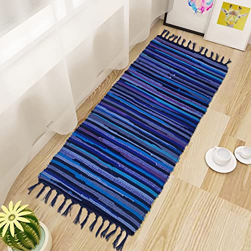 Lacomfy Flickenteppich aus recycelter Baumwolle, 60x100 cm, mehrfarbig, Chindi-Teppich, Boho-Teppich für Schlafzimmer, Wohnzimmer, maschinenwaschbar, Küche, bunter Teppich, Blau von Lacomfy