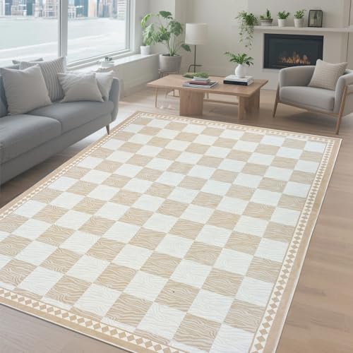 Lacomfy Karierter Teppich, modern, abstraktes Zebra-Büffelkaro, Schlafzimmermatte, geometrische Streifen und Schachbrett, Bauernhaus, Wohnzimmer, Büro, Inneneinrichtung, weich, rutschfest, waschbar Lacomfy Karierter Teppich, modern, abstraktes Zebra-Büffelkaro, Schlafzimmermatte, geometrische Streifen und Schachbrett, Bauernhaus, Wohnzimmer, Büro, Inneneinrichtung, weich, rutschfest, waschbar von Lacomfy