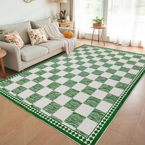Lacomfy Karierter Teppich, modern, abstraktes Zebra-Büffelkaro, Schlafzimmerteppich, schicke Streifen und Schachbrett, Bauernhaus, Wohnzimmer, Büro, Inneneinrichtung, weich, rutschfest, waschbar, Grün Lacomfy Karierter Teppich, modern, abstraktes Zebra-Büffelkaro, Schlafzimmerteppich, schicke Streifen und Schachbrett, Bauernhaus, Wohnzimmer, Büro, Inneneinrichtung, weich, rutschfest, waschbar, Grün von Lacomfy