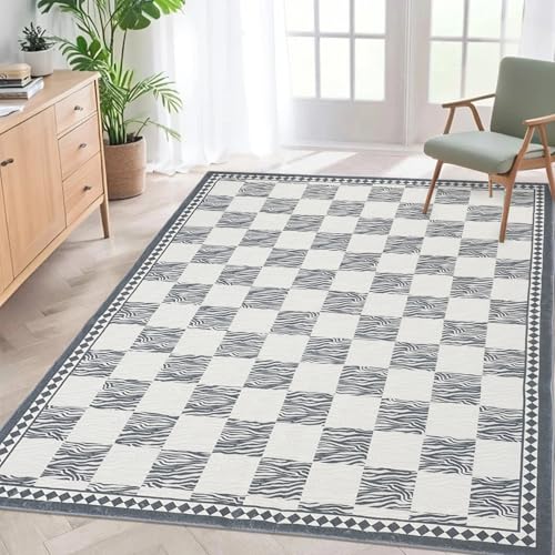 Lacomfy Moderner Büffel-Teppich, kariert, 1,5 x 1,8 m, Zebrastreifen, kariert, für Schlafzimmer, Wohnzimmer, Büro, weiß und grau, geometrisches abstraktes Streifen- und Schachbrettdesign Lacomfy Moderner Büffel-Teppich, kariert, 1,5 x 1,8 m, Zebrastreifen, kariert, für Schlafzimmer, Wohnzimmer, Büro, weiß und grau, geometrisches abstraktes Streifen- und Schachbrettdesign von Lacomfy