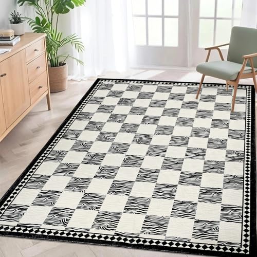 Lacomfy Moderner Büffel-Teppich, kariert, 1,5 x 1,8 m, Zebrastreifen, kariert, für Schlafzimmer, Wohnzimmer, Büro, weiß und schwarz, geometrisches abstraktes Streifen- und Schachbrettdesign Lacomfy Moderner Büffel-Teppich, kariert, 1,5 x 1,8 m, Zebrastreifen, kariert, für Schlafzimmer, Wohnzimmer, Büro, weiß und schwarz, geometrisches abstraktes Streifen- und Schachbrettdesign von Lacomfy