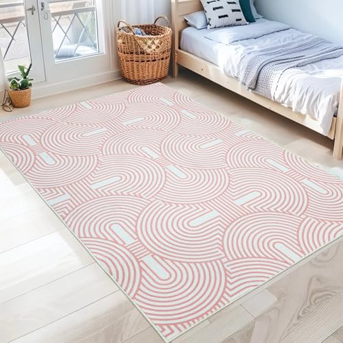 Lacomfy Moderner abstrakter Teppich – 90 x 152 cm, rosa Teppich für Mädchenzimmer, Regenbogenkurve, Kinderspielzimmerteppich, weich, geometrisch, rutschfeste Bodenmatte für Wohnzimmer, Wohnheim Lacomfy Moderner abstrakter Teppich – 90 x 152 cm, rosa Teppich für Mädchenzimmer, Regenbogenkurve, Kinderspielzimmerteppich, weich, geometrisch, rutschfeste Bodenmatte für Wohnzimmer, Wohnheim von Lacomfy