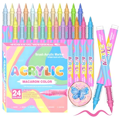 Laconile 24 Farben Macaron Acrylstifte Set,Wasserfest Acrylstifte, Farbmarker für Steinmalerei, Cermic, Glas, Stein, Metallgewebe, Acrylstifte auf Wasserbasis mit 1–5 mm Flexibler Pinselspitze von Laconile