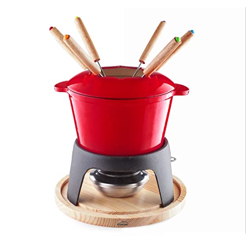 Lacor - 71711 - Fondue-Set aus emailliertem Eisen, Eisenständer mit Holzsockel, induktionsgeeignet, 6 Sehnen, Ø 16,5 x 10 cm (1,7 Liter), Rot von LACOR