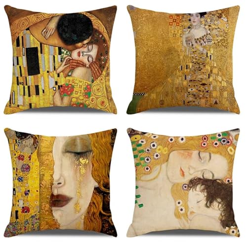 Lactraum 4er Set Gustav Klimt Kunst Zierkissenbezug Kissenbezüge Dekokissen Sofakissen Couchkissen Wohnzimmer Schlafzimmer 45x45cm (Gold) von Lactraum