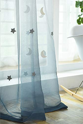 Lactraum Gardine Kinderzimmer Mädchen Junge Tranparent Bestickt Stern Mond Voile blau Gradient mit Ösen 300 x 245 cm (BxH) von Lactraum