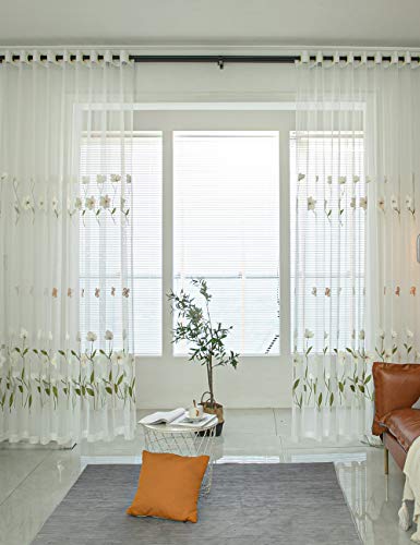 Lactraum Gardine Transparent Weiß Wohnzimmer Bestickt Lilie Blumen Vorhang Voile mit Ösen 300 x 245 cm (BxH) von Lactraum