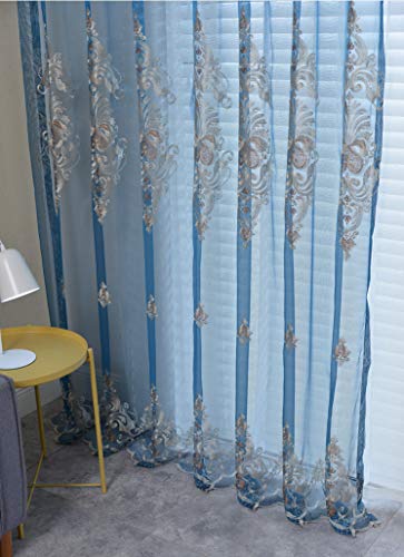 Lactraum Gardine Wohnzimmer Blau Tranparent Bestickt Vintage Klassische Begonie Voile mit Kräuselband 100 x 245 cm (BxH) von Lactraum