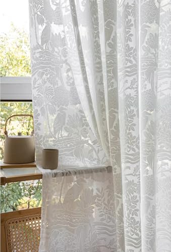 Lactraum Gardine Wohnzimmer Schlafzimmer Weiß Luxus Relief Vorhang Wald Vogel mit Kräuselband (H245 x B145 cm (1er Pack)) von Lactraum
