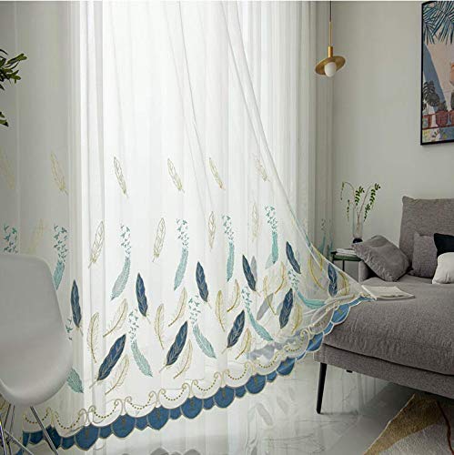 Lactraum Gardine Wohnzimmer Tranparent Bestickt Engelsfeder Voile Blau Feder mit Kräuselband 145 x 245 cm (BxH) von Lactraum
