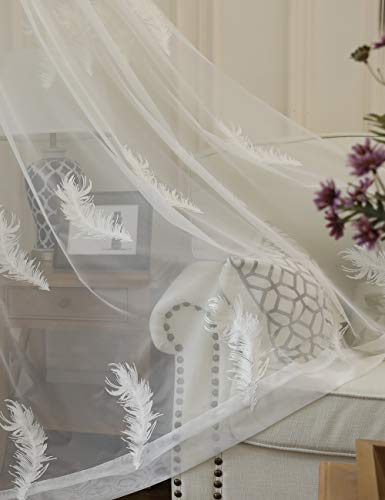 Lactraum Gardine Wohnzimmer Transparent Weiß Bestickt groß Federn Voile mit Universalband 145 x 245 cm von Lactraum