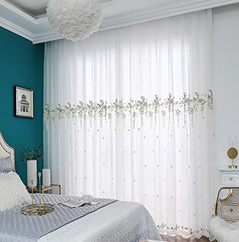 Lactraum Gardine Wohnzimmer Weiß Tranparent Bestickt Glyzinien Grün Blumen Voile mit Ösen 145 x 245 cm (BxH) von Lactraum