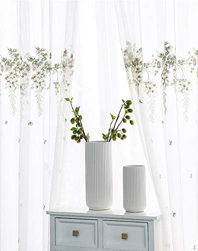 Lactraum Gardine Wohnzimmer Weiß Tranparent Bestickt Grün Glyzinien Blumen Voile mit Universalband 145 x 245 cm (BxH) von Lactraum