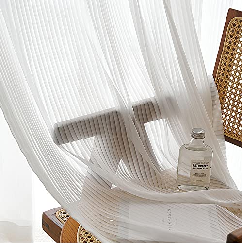 Lactraum Gardine Wohnzimmer Weiß Tranparent Vertikal gestreiftes Jacquard Voile mit Universalband H180 x B150 cm von Lactraum