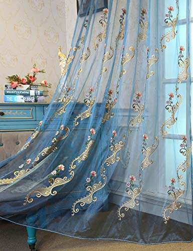 Lactraum Vorhänge Wohnzimmer Transparent Blau Bestickt Wasserfee Blumen Voile mit Universalband 100 x 245 cm von Lactraum