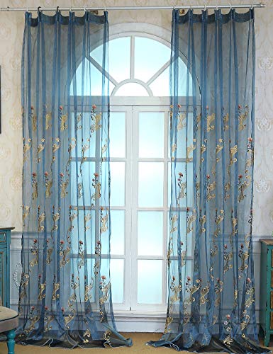 Lactraum Vorhänge Wohnzimmer Transparent Blau mit Ösen Bestickt Wasserfee Blumen Voile100 x 245cm von Lactraum