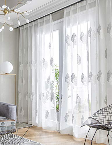 Lactraum Vorhänge Wohnzimmer Transparent Weiß Bestickt Eukalyptus Blätter Voile mit Universalband 145 x 245 cm von Lactraum