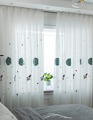 Lactraum Vorhang Kinderzimmer Junge Bestickt Planet Sterne Raumschiff Voile mit Universal-Band 145 x 245 cm von Lactraum