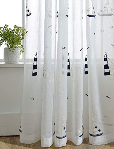 Lactraum Gardine Kinderzimmer Jungen Maritim Segelboot Bestickt Voile mit Universalband H245 x B100 cm von Lactraum