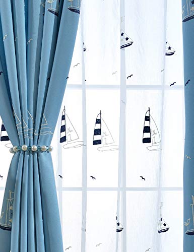 Lactraum Vorhang Kinderzimmer Jungen Maritim Transparent Weiss Segelboot mit Ösen Voile Bestickt 200 x 245cm von Lactraum