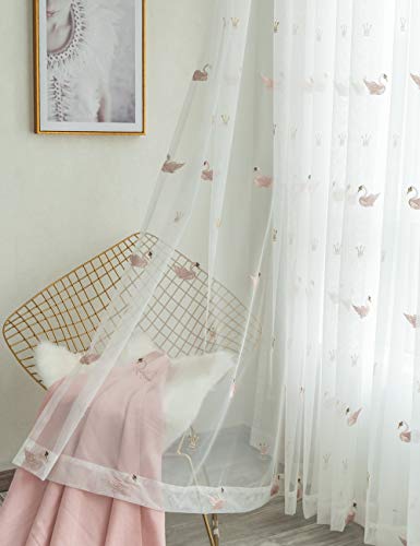 Lactraum Vorhang Kinderzimmer Mädchen Prinzessin Transparent Weiß Bestickt Rosa Schwan Krone Voile mit Universalband 300 x 245 cm von Lactraum