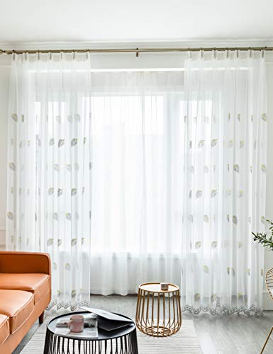 Lactraum Vorhang Wohnzimmer Transparent Weiss Stickerei Blatte Voile mit Universal-Kräuselband 200 x 245 cm von Lactraum