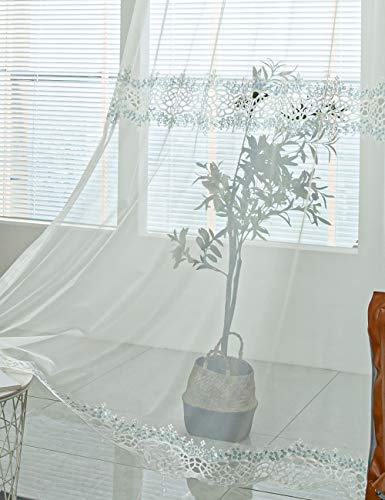 Lactraum Vorhang Wohnzimmer Weiß Tranparent Bestickt Mode Aushöhlen Wasserlösliche Blau Punkt Gardine Voile mit Kräuselband 145 x 245 cm (BxH) von Lactraum