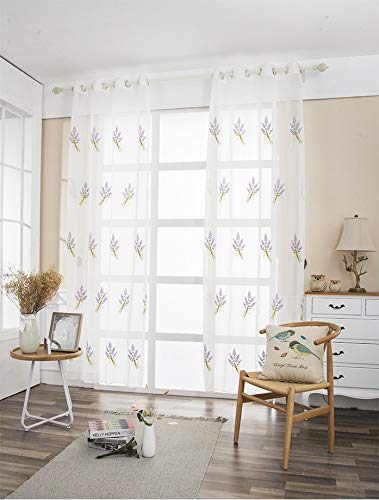 Lactraum Vorhang Wohnzimmer mit Ösen Weiß Tranparent Bestickt Blumen Lavendel Voile 200 x 245cm von Lactraum